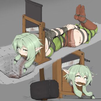 1girl absurdres ameng_(katena1990) ankle_boots arms_behind_back ass bad_end bdsm belt bit_gag blood bondage boots bound breasts chinese_commentary commentary_request commission crying crying_with_eyes_open decapitation execution female_focus gag gagged goblin_slayer! green_eyes green_hair grey_background guillotine hammer helpless high_elf_archer_(goblin_slayer!) highres imminent_death lying medium_breasts medium_hair on_stomach peril pixiv_commission pointy_ears restrained shibari shibari_over_clothes shorts sidelocks simple_background solo tears thighhighs zettai_ryouiki