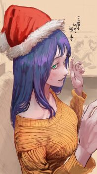 1boy 2girls artist_request chainsaw_man denji_(chainsaw_man) green_eyes japanese_text mole mole_on_cheek mole_under_eye mole_under_mouth multiple_girls reze_(chainsaw_man) santa_claus_(chainsaw_man) source_request sweater