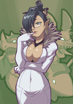 00s 1girl black_hair breasts business_suit capcom cleavage dark-skinned_female dark_skin earrings female_focus formal_clothes glasses haganemaru_kennosuke hair_over_one_eye jewelry large_breasts necktie pointy_ears solo sprocket_(viewtiful_joe) suit viewtiful_joe