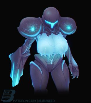 1girl arm_cannon artist_logo artist_name assault_visor black_background blue_visor bluebreed breasts commentary dark_samus english_commentary highres huge_breasts logo metroid metroid_prime_3:_corruption nintendo simple_background solo weapon