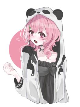 1girl :d animal_hood arm_at_side black_choker black_shirt blush breasts buttons choker cleavage collarbone commentary_request cropped_torso drawstring empire_waist fang fingernails frilled_shirt frills grey_nails hair_ornament hairclip hand_up highres hood hood_up hooded_jacket jacket long_sleeves looking_ahead medium_breasts medium_hair nail_polish nijisanji nui_ii24 open_clothes open_jacket open_mouth panda_hood pink_eyes pink_hair sasaki_saku sasaki_saku_(11th_costume) shirt simple_background skin_fang sleeve_cuffs smile solo turning_head virtual_youtuber white_background white_jacket zipper