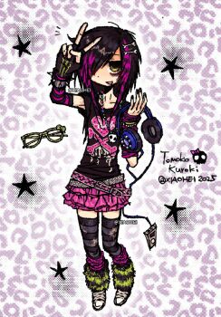 Rule 34 | 1girl, alternate costume, animal print, bags under eyes, bead necklace, beads, belt, black gloves, black hair, black nails, black shirt, bone hair ornament, bracelet, character name, commentary, mp3 player, english commentary, fingerless gloves, frilled skirt, frills, full body, gloves, green eyes, hair ornament, hair over one eye, headphones, highres, holding, holding headphones, ipod, jewelry, kuroki tomoko, leg warmers, leopard print, long hair, monster energy, multicolored hair, necklace, pink skirt, print shirt, purple hair, scene fashion, shirt, shoes, short sleeves, single glove, skirt, smile, sneakers, solo, spiked bracelet, spikes, standing, star (symbol), streaked hair, striped arm warmers, striped clothes, striped thighhighs, studded belt, thighhighs, twitter username, two-tone hair, unworn eyewear, v, watashi ga motenai no wa dou kangaetemo omaera ga warui!, xi7197269767042, zettai ryouiki