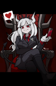 1girl absurdres black_boots black_tail boots breasts business_suit crossed_legs cup demon_girl demon_horns demon_tail drinking_glass formal_clothes gloves hairband helltaker highres holding horns long_hair looking_at_viewer lucifer_(helltaker) mole mole_under_eye necktie red_eyes red_shirt sadstar115 shirt sitting sitting_on_throne smile solo spiked_hairband spikes suit tail throne white_hair white_horns wine_glass