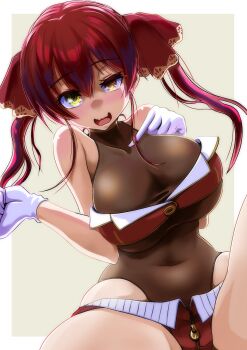 1girl black_leotard blush breasts commentary_request fang gloves hair_ribbon heterochromia highres hololive houshou_marine houshou_marine_(1st_costume) jacket kajimakoto large_breasts leotard leotard_under_clothes long_hair looking_at_viewer open_mouth red_eyes red_hair red_jacket red_ribbon red_skirt ribbon shirt skin_fang skirt sleeveless sleeveless_shirt smile solo twintails virtual_youtuber white_gloves yellow_eyes
