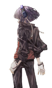 Rule 34 | 1girl, absurdres, black jacket, black pants, boku no hero academia, cokei, commentary request, from behind, gloves, headphones, highres, jacket, jiro kyoka, medium hair, pants, simple background, solo, white gloves