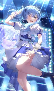 1girl ;d absurdres blue_bow blue_eyes blue_hair blue_skirt blush bow commentary foot_out_of_frame frilled_skirt frills from_side glowstick hair_between_eyes hair_bow hair_ribbon highres hololive hololive_idol_uniform_(origin) hoshimachi_suisei idol jacket layered_skirt long_hair looking_at_viewer mitopa official_alternate_costume one_eye_closed open_mouth puffy_short_sleeves puffy_sleeves ribbon screen shirt short_sleeves side_ponytail skirt smile solo stage stage_lights star_(symbol) star_in_eye symbol_in_eye teeth tiara upper_teeth_only virtual_youtuber white_jacket white_shirt white_skirt wrist_cuffs
