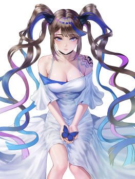 Rule 34 | 1girl, absurdres, airi kanna, animal, armpit crease, bare shoulders, breasts, brown hair, bug, butterfly, cleavage, collarbone, commentary request, crying, crying with eyes open, dress, eruthu, feet out of frame, highres, holding, holding animal, insect, kono subarashii sekai ni shukufuku wo!, korean commentary, large breasts, long hair, looking at viewer, multicolored hair, off-shoulder dress, off shoulder, parted bangs, parted lips, quad tails, short sleeves, shoulder tattoo, sidelocks, simple background, stellive, straight-on, streaming tears, tattoo, tears, very long hair, virtual youtuber, white background, white dress