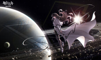 1girl absurdres arknights arms_behind_back black_pantyhose black_skirt breasts brown_eyes brown_hair capelet chromatic_aberration closed_mouth copyright_name floating floating_hair frilled_sleeves frills from_behind full_body high_heels highres long_hair long_sleeves looking_at_viewer looking_back medium_breasts moon pantyhose planet priestess_(arknights) saikre shoes skirt smile solo space sun very_long_hair vest waistcoat white_capelet white_shoes