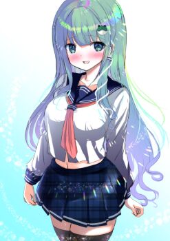 1girl absurdres alternate_costume black_thighhighs blue_sailor_collar blue_skirt blush breasts collarbone commentary_request cowboy_shot frog_hair_ornament green_eyes green_hair hair_ornament hair_tubes highres kochiya_sanae large_breasts long_hair long_sleeves looking_at_viewer midriff navel neckerchief open_mouth plaid_clothes plaid_skirt pleated_skirt red_neckerchief sailor_collar school_uniform serafuku shirt skirt smile solo thighhighs tomo_(uguisu-tei) touhou unmoving_pattern white_shirt