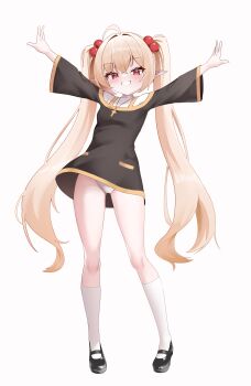1girl absurdres ahoge artist_request black_shoes blonde_hair commission cross cross_necklace elf flower hair_bobbles hair_flower hair_ornament highres jewelry latin_cross loli long_hair long_sleeves necklace nun original panties pointy_ears red_eyes red_flower second-party_source shoes simple_background solo twintails twintails_elf_nun_(sugarnut) underwear very_long_hair white_background white_panties