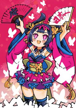 1girl :d animal_print bare_shoulders batchgooya black_hair black_thighhighs blunt_bangs breasts butterfly_background butterfly_hair_ornament butterfly_print commentary_request demon_girl detached_collar detached_sleeves disgaea fang hair_ornament hand_fan highres holding holding_fan kanzashi maiko_(disgaea) makai_senki_disgaea_7 microskirt nihongami obi open_mouth pink_eyes sash skirt smile thighhighs