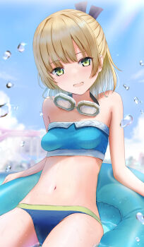 awoka7c2 breasts brown_hair commentary_request goggles goggles_around_neck green_eyes hair_ornament heaven_burns_red highres innertube medium_breasts nanase_nanami_(heaven_burns_red) navel short_hair swim_goggles swim_ring swimsuit water_drop