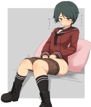 1girl belt between_legs black_boots black_neckerchief black_socks blush boots border brown_shorts commentary_request female_masturbation full_body green_eyes green_hair grey_background hand_between_legs kantai_collection kneehighs kugui_kiyunemu long_sleeves looking_down masturbation mogami_(kancolle) neckerchief open_mouth outside_border parted_bangs pillow red_shirt red_skirt shirt short_hair short_shorts shorts sitting skirt socks solo translation_request white_border