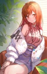 Rule 34 | 1girl, blue skirt, breasts, center frills, coat, earrings, frills, fur coat, gold earrings, hair ornament, hairpin, highres, hololive, hololive dev is, ichijou ririka, jewelry, large breasts, long hair, looking at viewer, nail polish, orange eyes, orange hair, orange nails, pink shirt, shirt, skirt, sleeveless, sleeveless shirt, smile, solo, virtual youtuber, white coat, xyunx