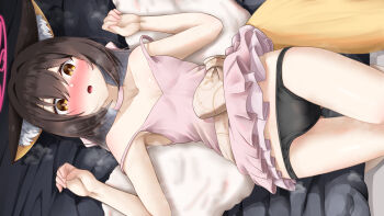 1girl animal_ears black_panties blue_archive blush commentary_request fox_ears fox_tail halo highres izuna_(blue_archive) izuna_(dress)_(blue_archive) looking_at_viewer lying official_alternate_costume paid_reward_available panties pink_halo solo tail totororo underwear