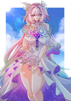 1girl absurdres bare_shoulders blue_sky border breasts cyrene_(honkai:_star_rail) cyrene_(ripples_of_past_reverie)_(honkai:_star_rail) diamond-shaped_pupils diamond_(shape) dress flower hair_flower hair_ornament highres honkai:_star_rail honkai_(series) large_breasts long_hair looking_at_viewer pink_hair purple_eyes setu_xxx sky solo sunlight symbol-shaped_pupils thighs very_long_hair white_border white_dress