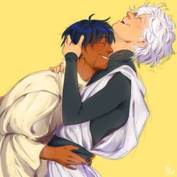 2boys black_hair black_shirt closed_eyes dark-skinned_male dark_skin dutch_angle facial_hair hand_on_another's_neck hand_on_another's_waist hashtag-only_commentary head_back highres long_sleeves male_focus multiple_boys olruggio_(tongari_boushi_no_atelier) open_mouth parted_bangs qifrey_(tongari_boushi_no_atelier) robe shirt smile tongari_boushi_no_atelier turtleneck wavy_hair white_hair white_robe yaoi yellow_background yfel-axel