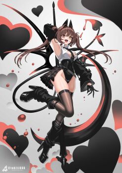 1girl absurdres arm_up armpits bare_shoulders black_boots black_gloves black_jacket black_leotard black_necktie black_thighhighs blush boots breasts brown_hair collared_shirt commentary commission full_body gloves hair_intakes heart heterochromia highres holding holding_scythe jacket leotard long_hair long_sleeves looking_at_viewer medium_breasts necktie open_mouth original red_eyes scythe shirt skeb_commission sleeveless sleeveless_shirt solo symbol-only_commentary thighhighs tokiti twintails twitter_username white_shirt yellow_eyes