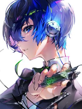 1boy absurdres bishounen black_jacket blue_eyes blue_hair collared_shirt commentary eyelashes from_side headphones highres jacket lips long_sleeves looking_at_viewer male_focus neck_ribbon parted_lips persona persona_3 portrait profile ribbon school_uniform shirt short_hair solo themoonrabbit white_background white_shirt wire yuuki_makoto_(persona_3)