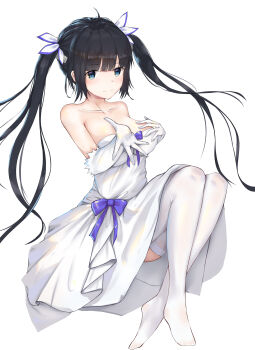 1girl absurdres ahoge alternate_costume bare_shoulders black_hair blue_eyes blue_ribbon blunt_bangs blush bow breast_suppress breasts chinese_commentary cleavage collarbone commentary_request crossed_ankles dress dress_bow dungeon_ni_deai_wo_motomeru_no_wa_machigatteiru_darou_ka floating_hair full_body gloves hair_ribbon hands_up hestia_(danmachi) highres huijin_zhi_ling invisible_chair large_breasts long_dress long_hair looking_at_viewer no_shoes outstretched_hand partial_commentary purple_bow reaching reaching_towards_viewer ribbon sidelocks simple_background sitting smile solo strapless strapless_dress thighhighs twintails upskirt very_long_hair wedding_dress white_background white_dress white_gloves white_ribbon white_thighhighs