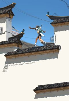 1other balancing black_hair cable daniel_deng from_behind highres original rooftop sky walking weapon weapon_on_back