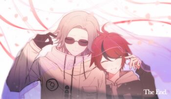 2boys ^_^ absurdres ahoge aotsuki_eito black_gloves black_hair black_jacket blush chinese_commentary closed_eyes closed_mouth commentary_request crying drawstring english_text falling_petals gloves grey_hair grin hair_between_eyes hand_up height_difference high_collar highres hood hoodie jacket jacket_over_hoodie male_focus multicolored_hair multiple_boys open_clothes open_jacket petals pocket purple_veil red_hair shared_veil short_hair smile snow_(snow5051009) streaked_hair streamers sumino_takumi sunglasses the_hundred_line_-last_defense_academy- two-tone_hair u_u veil white_hoodie white_jacket zipper_pull_tab