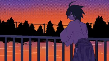 Rule 34 | 1boy, against railing, ahoge, black hair, commentary request, dithered background, from behind, glasses, gradient sky, hakama, itoshiki nozomu, japanese clothes, kimono, looking back, magusagari, male focus, orange sky, outdoors, pixel art, power lines, railing, sayonara zetsubou sensei, sky, solo, sunset, tree