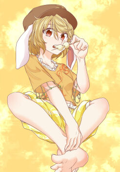 Rule 34 | 1girl, animal ears, barefoot, benizuwai, blonde hair, dango, eating, feet, female focus, floppy ears, food, hands on feet, hat, highres, holding, holding food, indian style, looking at viewer, orange shirt, rabbit ears, red eyes, ringo (touhou), shirt, short hair, short sleeves, shorts, sitting, soles, solo, toes, touhou, wagashi, yellow background, yellow shorts