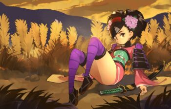 1girl armor ass black_socks brown_eyes brown_hair closed_mouth comb flower hair_flower hair_ornament highres japanese_armor japanese_clothes katana kimono kote looking_at_viewer momohime oboro_muramasa optionaltypo outdoors pink_kimono purple_thighhighs sandals sheath short_kimono shoulder_armor sitting socks sode solo striped_clothes striped_thighhighs sword thighhighs twintails weapon wheat_field wide_sleeves