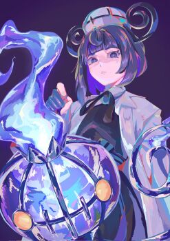 1girl adz8bsne0df4geb black_dress blunt_bangs bob_cut chandelure coat corrupted_twitter_file dress eyelashes gen_5_pokemon gloves gwynn_(pokemon) hat highres long_sleeves looking_at_viewer nintendo open_clothes open_coat partially_fingerless_gloves pokemon pokemon_(creature) pokemon_legends:_z-a purple_background purple_eyes purple_hair short_hair white_coat