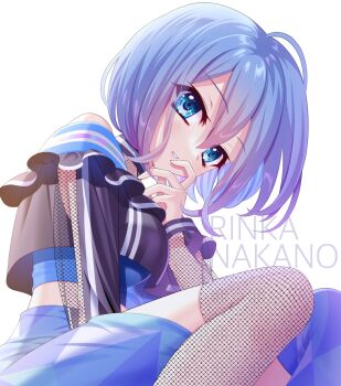 1girl ahoge between_legs black_shirt blue_eyes blue_hair blue_skirt blue_thighhighs breasts character_name commentary_request crop_top crop_top_overhang feet_out_of_frame fishnet_thighhighs fishnets hand_between_legs hand_on_own_chin highres idol idol_clothes large_breasts long_sleeves looking_at_viewer midriff mismatched_thighhighs mothrassong nakano_rinka off-shoulder_shirt off_shoulder parted_lips re:stage! shirt short_hair simple_background sitting skirt solo teeth thighhighs white_background