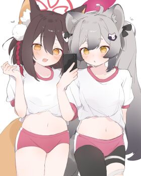 2girls :3 :d :o ahoge alternate_costume animal_ear_fluff animal_ears asymmetrical_legwear bandaged_leg bandages black_bow blue_archive blush bow brown_hair cellphone collarbone colored_inner_animal_ears commentary cowboy_shot cropped_shirt dot_nose eyeshadow fang fox_ears fox_girl fox_hair_ornament fox_tail gradient_hair grey_hair hair_between_eyes hair_bow hair_ornament halo hand_up head_tilt heart holding holding_phone izuna_(blue_archive) long_hair looking_at_viewer makeup medium_hair michiru_(blue_archive) midriff multicolored_hair multiple_girls navel no_pupils open_mouth orange_eyes orange_tail parted_lips phone pink_eyeshadow pink_halo pink_shorts pink_trim pom_pom_(clothes) pom_pom_hair_ornament raccoon_ears raccoon_girl raccoon_tail red_halo shirt short_shorts short_sleeves shorts sidelocks simple_background skin_fang smartphone smile standing symbol-only_commentary t-shirt tail tassel tassel_hair_ornament thick_eyebrows thighs tntl_nemui twintails very_long_hair white_background white_shirt yellow_eyes