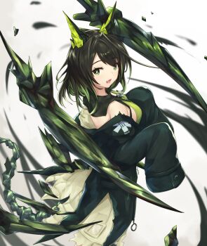 1girl :d arknights bare_shoulders black_coat black_hair breasts coat dress fang from_above from_side gradient_hair green_coat green_dress green_eyes green_hair happy highres kyl490 long_hair long_sleeves looking_at_viewer looking_back material_growth medium_breasts medium_hair mon3tr_(arknights) multicolored_hair open_mouth oripathy_lesion_(arknights) smile solo tail two-tone_hair