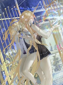 2girls bare_legs bare_shoulders black_collar black_dress blonde_hair breasts buka_(18723731) cartethyia_(wuthering_waves) closed_eyes collar commentary crown_of_thorns dress dual_persona dutch_angle earrings fleurdelys_(wuthering_waves) hand_up highres horns jewelry legs long_hair long_horns medium_breasts multiple_earrings multiple_girls own_hands_together pointy_ears sidelocks single_horn tabard thighs very_long_hair white_tabard wuthering_waves yellow_horns