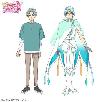 1boy arm_cuffs bare_arms belt boots brooch cloak cure_connect earrings forehead_jewel full_body gloves green_cloak green_eyes green_hair green_shirt hair_ornament hair_wings half_gloves hibiki_kaito hoop hoop_earrings jewelry kimi_to_idol_precure long_hair long_sleeves low-tied_long_hair mature_male metal_arm_cuffs multiple_earrings necklace official_art official_style parted_bangs precure see-through_scarf shirt shoes short_hair sleeveless sneakers solo solo_focus wing_hair_ornament