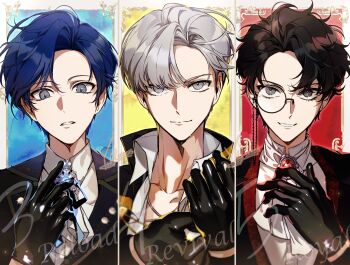 Rule 34 | 3boys, adjusting clothes, adjusting gloves, alternate costume, alternate hairstyle, amamiya ren, arm up, ascot, black gloves, black hair, black jacket, blue gem, blue hair, border, closed mouth, collared shirt, eyelashes, formal clothes, gem, gloves, grey eyes, grey hair, highres, jacket, lapels, looking at viewer, male focus, monocle, multiple boys, narukami yu, notched lapels, open collar, parted bangs, parted hair, parted lips, persona, persona 3, persona 4, persona 5, red gem, shirt, short hair, smile, upper body, white shirt, wing collar, yoteh, yuuki makoto (persona 3)