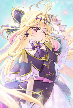 Rule 34 | 1girl, ahoge, antenna hair, black bow, black bowtie, black capelet, black dress, black ribbon, blonde hair, blush, bow, bowtie, brooch, capelet, collar, commentary, cure arcana shadow, dress, earrings, frilled capelet, frilled cuffs, frills, from side, gem, gradient hair, hair bow, hair intakes, hair ornament, hair ribbon, heart, heart brooch, highres, jewelry, light particles, long hair, looking at viewer, madopen, magical girl, medium dress, meitantei precure!, moria luluka, multicolored hair, neck ribbon, one eye closed, parted lips, precure, purple eyes, purple veil, ribbon, sleeveless, sleeveless dress, solo, sparkle, sparkle background, standing, two-tone hair, veil, very long hair, white collar, white wrist cuffs, wrist cuffs