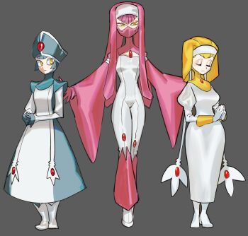 Rule 34 | 3girls, azelf, bell-bottoms, blonde hair, blue gloves, blue hair, blue hat, bodysuit, boots, breasts, chest jewel, closed eyes, curvy, dancho no mori, dress, forehead jewel, full body, gem, gen 4 pokemon, gloves, half-closed eyes, hat, highres, humanization, juliet sleeves, jumpsuit, legendary pokemon, long dress, long sleeves, mask, mesprit, mitre, mouth mask, multiple girls, ninja mask, nintendo, nun, own hands together, pants, personification, pink gloves, pink hair, pink mask, pink sleeves, pink veil, pokemon, praying, priestess, puffy sleeves, red gemstone, sentaronao, short hair, standing, uxie, veil, white boots, white dress, white gloves, wide sleeves, yellow eyes, yellow veil