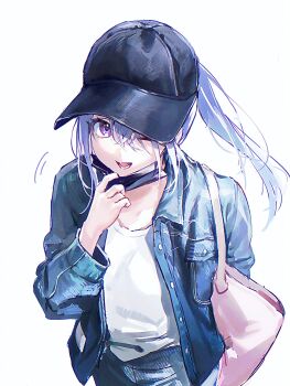 1girl absurdres baseball_cap black_hat blue_hair commentary_request denim denim_jacket hair_between_eyes hat heic-to-png_conversion highres idolmaster idolmaster_shiny_colors jacket long_hair looking_at_viewer lower_teeth_only mask_pull md5_mismatch one_eye_closed open_clothes open_jacket open_mouth pink_bag purple_eyes qinglai_haiji shirt simple_background solo suzuki_hana teeth upper_body white_background white_shirt