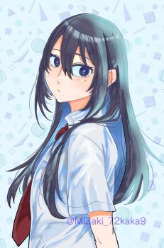 Rule 34 | 1girl, black eyes, black hair, blue background, blue theme, breast pocket, circle, closed mouth, collared shirt, commentary request, futsuu no keion-bu, hair between eyes, kameya san, long hair, mi3aki 72kaka9, mole, mole on cheek, mole under eye, mole under mouth, necktie, pocket, red necktie, school uniform, shapes, shirt, short sleeves, solo, square, summer uniform, triangle, twitter username, upper body, white shirt