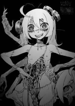 1girl @_@ ahoge black_background body_horror bolt_(hardware) breasts cosplay eds extra_arms frankenstein&#039;s_monster frankenstein&#039;s_monster_(cosplay) greyscale guro halloween happy_(eds) highres horror_(theme) monochrome original petite screw sharp_teeth skinny small_breasts stitches teeth thick_eyebrows
