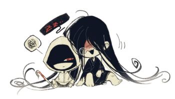Rule 34 | 1boy, 1girl, adashino adami, black hair, black kimono, blood, blood on face, bloody weapon, chibi, commentary, crowbar, holding, holding crowbar, homicipher, hood, hood up, japanese clothes, kimono, long hair, mr. crawling, nose bubble, raincoat, red eyes, shaded face, simple background, sitting, sleeping, sweeeet him, very long hair, weapon, white background, zzz