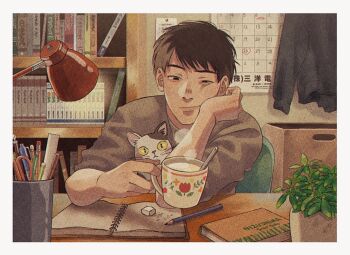 Rule 34 | 1boy, :/, animal, black shirt, book, bookshelf, border, box, brown eyes, brown hair, calendar (object), cat, chair, closed mouth, coffee mug, commentary, crew neck, cup, desk, desk lamp, elbow on table, english commentary, eraser, film grain, grey shirt, head rest, heavy film grain, holding, holding cup, lamp, male focus, milk, mug, multicolored cat, notebook, original, parted hair, pencil, plant, potted plant, scissors, shirt, short hair, sirokomamaru, sitting, solo, steam, uneven eyes, unworn clothes, utensil, white border, yellow eyes