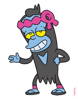 1boy black_fur blue_skin body_fur colored_sclera colored_skin full_body half-closed_eyes highres looking_at_viewer matt_groening_(style) monkey munkidori nintendo outline parody pedro_larez pokemon pokemon_(creature) sandals simple_background solo source_request standing style_parody the_simpsons white_outline yellow_eyes yellow_sclera