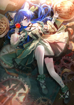 1girl animal_ears apple black_choker blue_eyes blue_hair cat_ears choker commentary_request dress food fruit gears green_dress highres holding holding_food holding_fruit kamitsubaki_studio komorihikki long_hair looking_at_viewer lying official_art on_back sensitive sinsekai_record solo thighhighs valis_(sinsekai) white_thighhighs