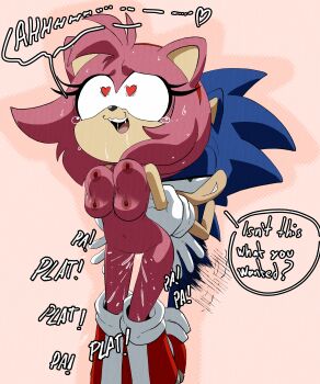 1boy 1girl absurdres amy_rose animal_ears animal_nose bouncing_breasts breasts furry furry_female furry_male furry_with_furry gloves hairband heart heart-shaped_pupils hetero highres inker_comics nipples pink_background pussy_juice sex shoes simple_background sonic_(series) sonic_the_hedgehog symbol-shaped_pupils white_gloves
