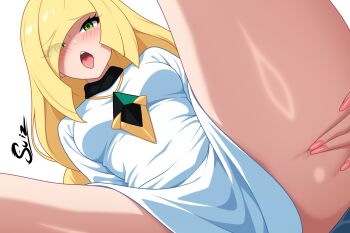 1girl :o alternate_costume blonde_hair blush breasts commentary diamond_(shape) dress eyelashes gem green_eyes green_gem hand_on_own_thigh highres long_hair lusamine_(pokemon) nail_polish nintendo open_mouth pink_nails pokemon pokemon_sm signature solo su1zide teeth tongue upper_teeth_only white_dress