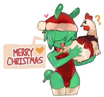 ? animal bell bird bulge chicken covered_navel ears_through_headwear hair_over_eyes hat holding holding_animal holding_bird leotard merry_christmas monster_boy neck_bell off-shoulder_leotard open_mouth original rabbit_tail red_leotard rooster santa_hat simple_background slime_boy tail toki_(toxxy) toxxy white_background