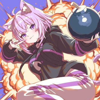 1girl animal_ear_fluff animal_ears black_collar black_hoodie bomb cat_ears cat_girl cat_tail closed_mouth collar commentary_request explosion explosive highres holding holding_bomb hololive hood hoodie looking_at_viewer nekomata_okayu nekomata_okayu_(1st_costume) pants purple_eyes purple_hair smile solo tail virtual_youtuber white_pants yachahechara