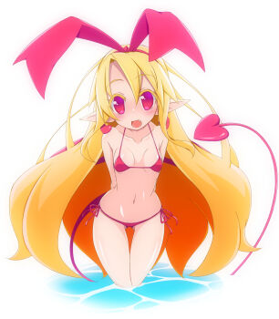 1girl arms_behind_back bikini blonde_hair breasts commentary_request demon_girl demon_tail disgaea earrings fang flonne flonne_(fallen_angel) heart heart_earrings highres jewelry long_hair looking_at_viewer micro_bikini miu_(pixiv164563) open_mouth pink_bikini pointy_ears red_eyes ribbon side-tie_bikini_bottom small_breasts solo swimsuit tail very_long_hair water
